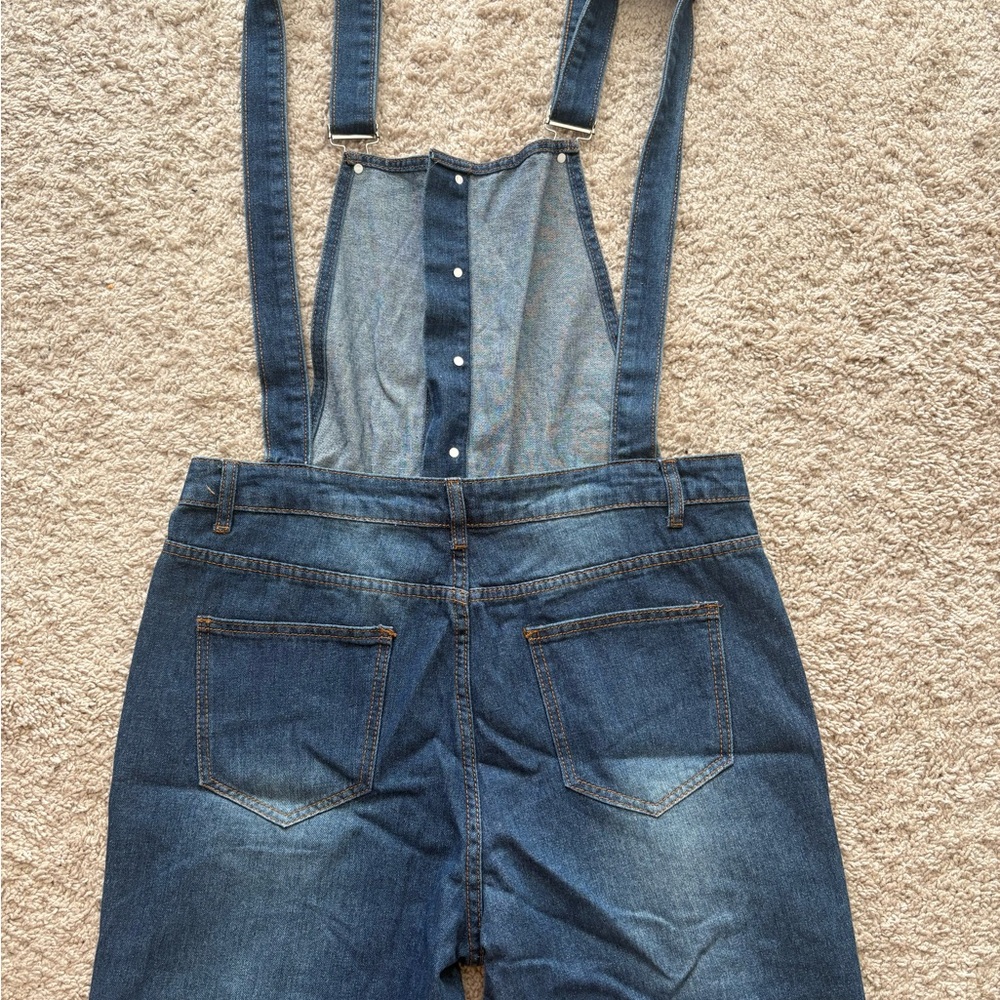 MISSLOOK Women’s Sz XL Juniors Blue Floral Patch Denim Overalls pockets buttons - Picture 2 of 9